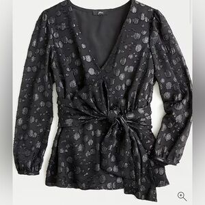 J. Crew Tie-waist V-neck top in black metallic dot jacquard M Casual Business